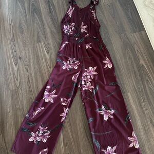 Size S Floral Burgundy Wide-Leg Jumpsuit